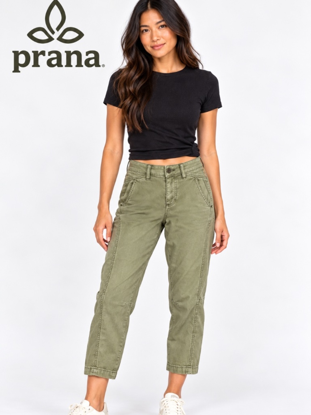 prAna Janessa pants in an olive/army green wash